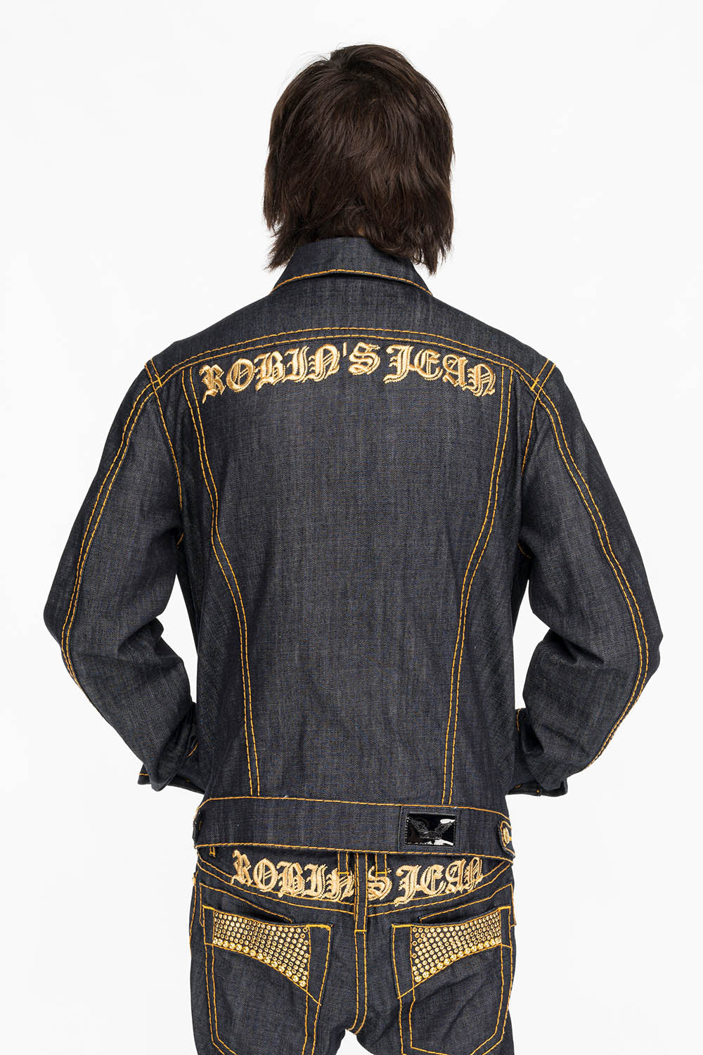 ROBINS RAW DENIM COLLECTION MENS JACKET IN RAW INDIGO DENIM WITH AURUM CRYSTAL AND STUDS - Image 3