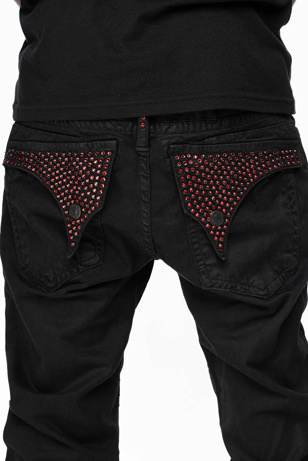 LONG FLAP SLIM FIT MENS JEANS WITH RED CRYSTALS IN ANTIQUE BLACK - Image 4