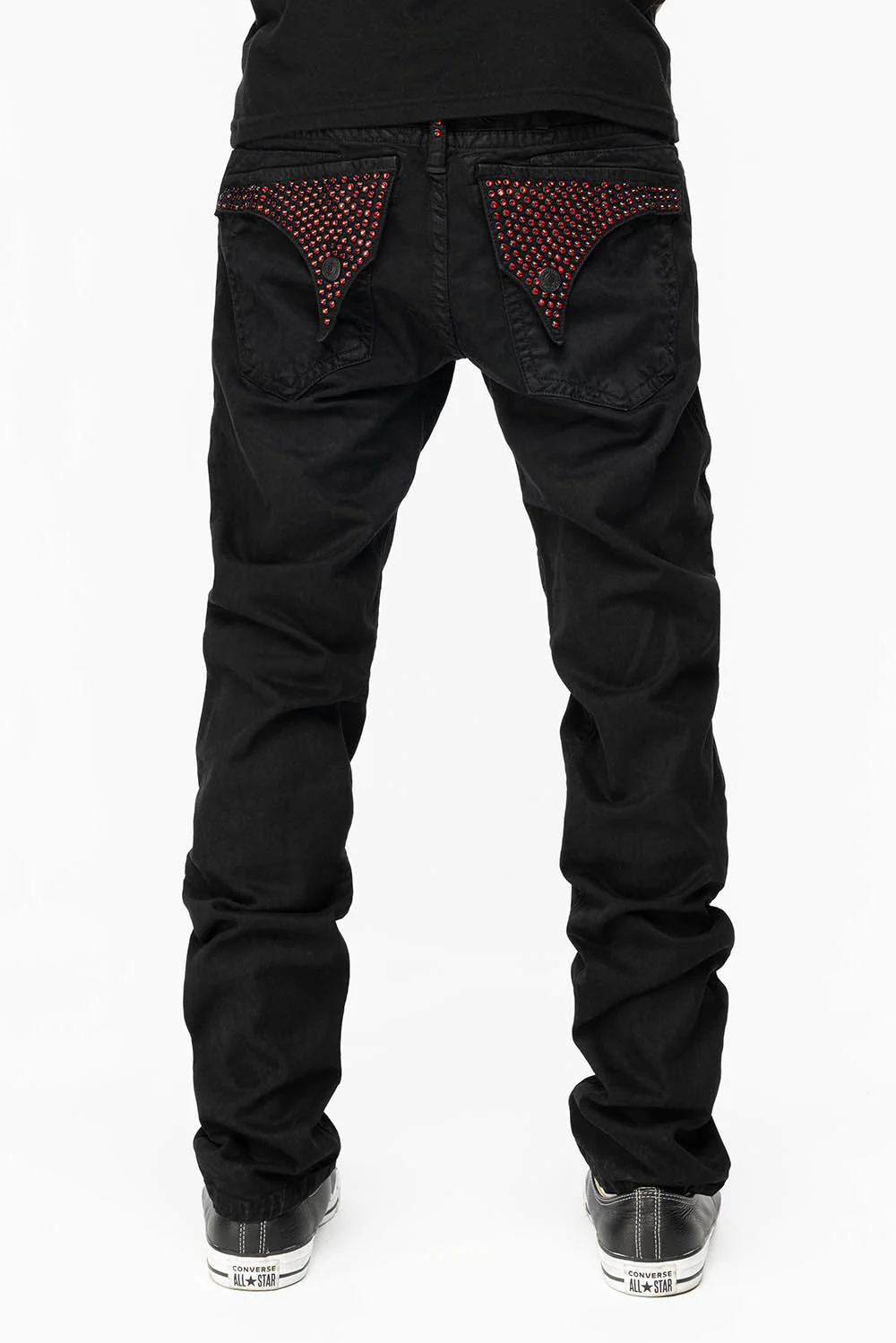 LONG FLAP SLIM FIT MENS JEANS WITH RED CRYSTALS IN ANTIQUE BLACK - Image 5