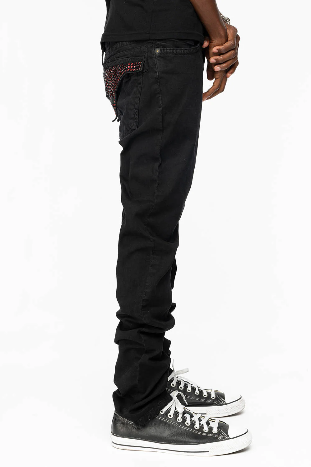 LONG FLAP SLIM FIT MENS JEANS WITH RED CRYSTALS IN ANTIQUE BLACK - Image 6
