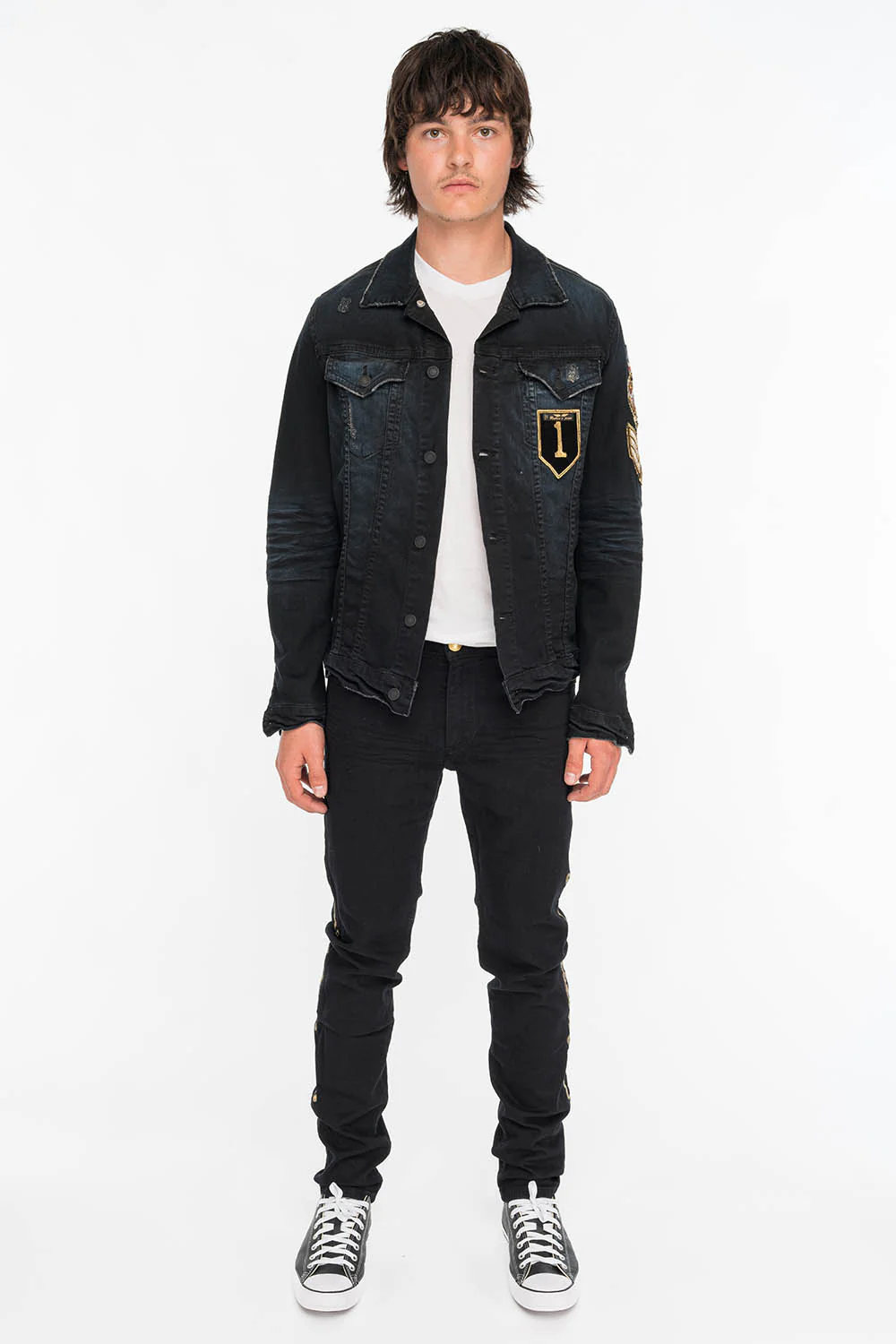 SKINNY MENS JEANS IN PURE BLACK WITH GOLD EMBROIDERY - Image 4