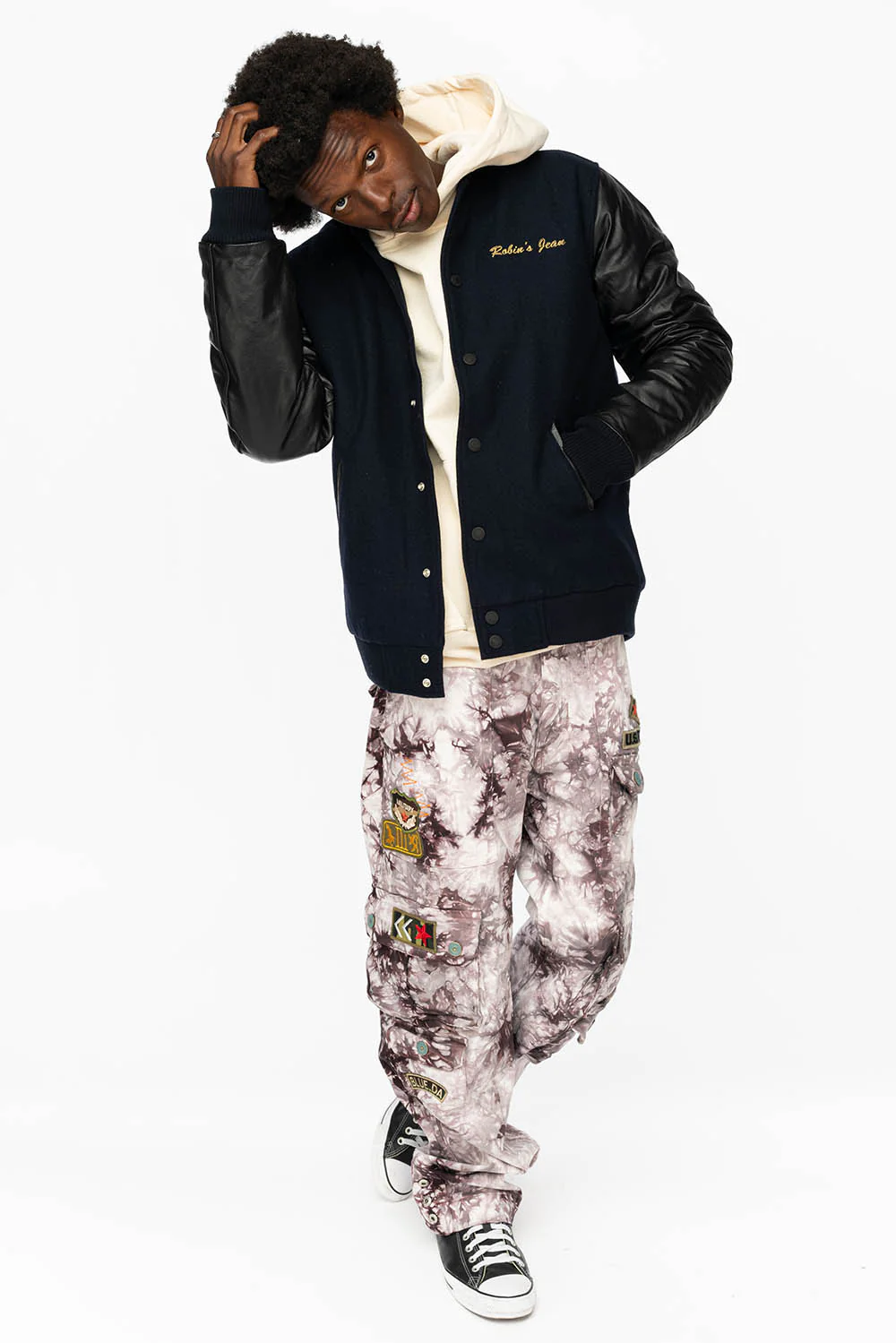 ROBIN’S WOOL & LEATHER VARSITY BOMBER JACKET IN NAVY/BLACK - Image 4